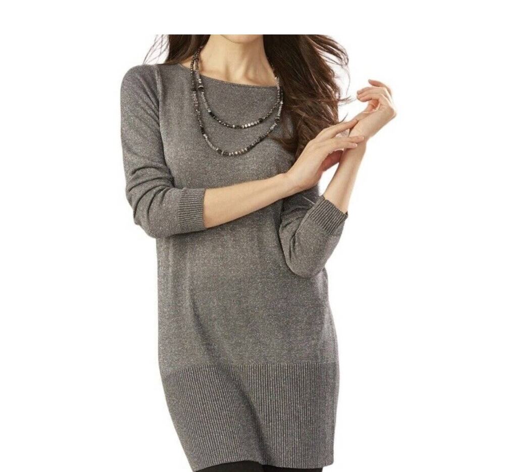 Charlie Paige Silver Metallic Yarn Long Sleeve Gray Tunic Knit Top size Medium